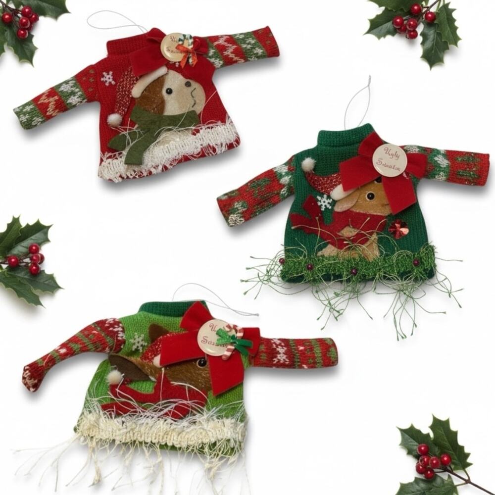 Puppy Dog Ugly Sweater - 3 Christmas Tree Ornament Clothes Hanger Hook
